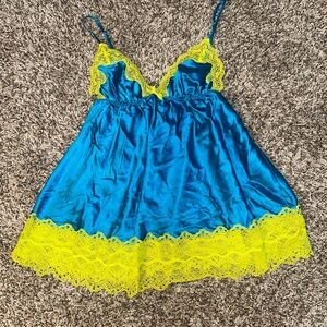 Victoria's Secret Vibrant Blue Chemise with Neon Yellow Lace